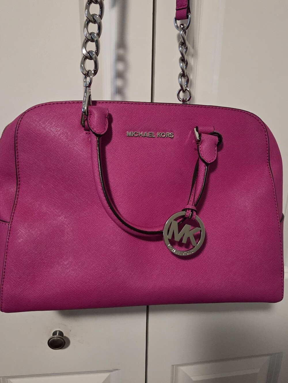 Michael Kors Fuchsia Leather Satchel with Chain Strap and MK Charm